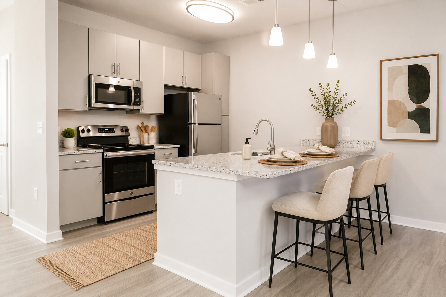Modern apartment kitchen with stainless steel appliances at The Villas at Mill Run Apartments in Owings Mills, MD.