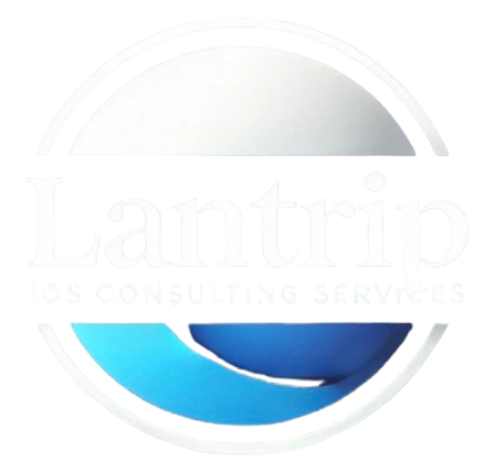 Logo for LANTRIPIOS, with blue and gray lettering, text and shapes.