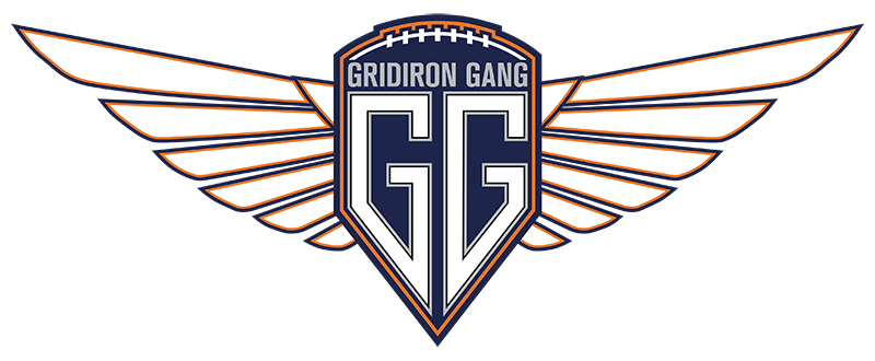 Gridiron Gang shield logo with wings, navy and orange on white background
