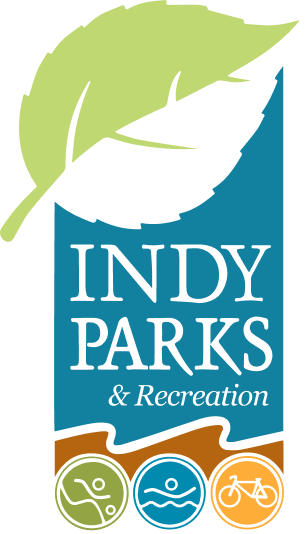 Indy Parks & Recreation logo with green leaf, blue shape, and three activity icons