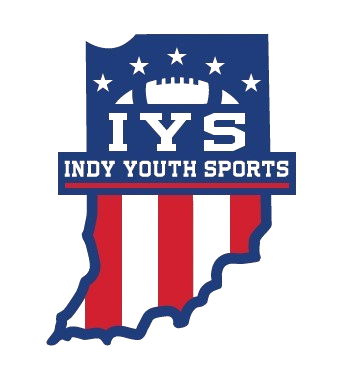 Indy Youth Sports logo over Indiana outline in red, white, and blue with stars and a football helmet