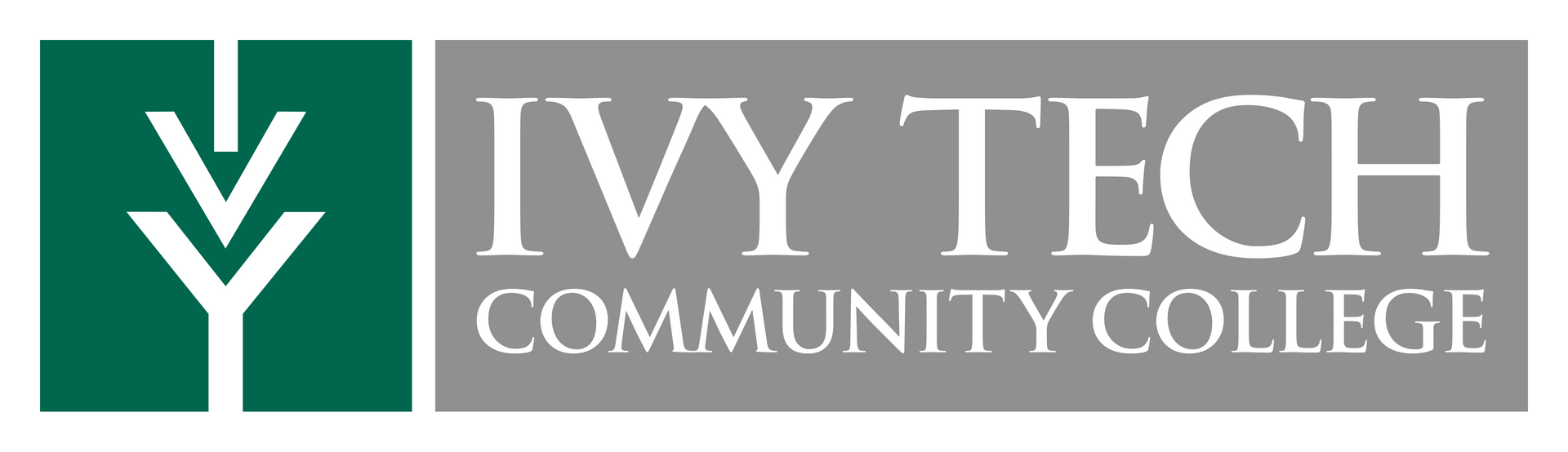 Ivy Tech Community College logo with green emblem and white text on gray background