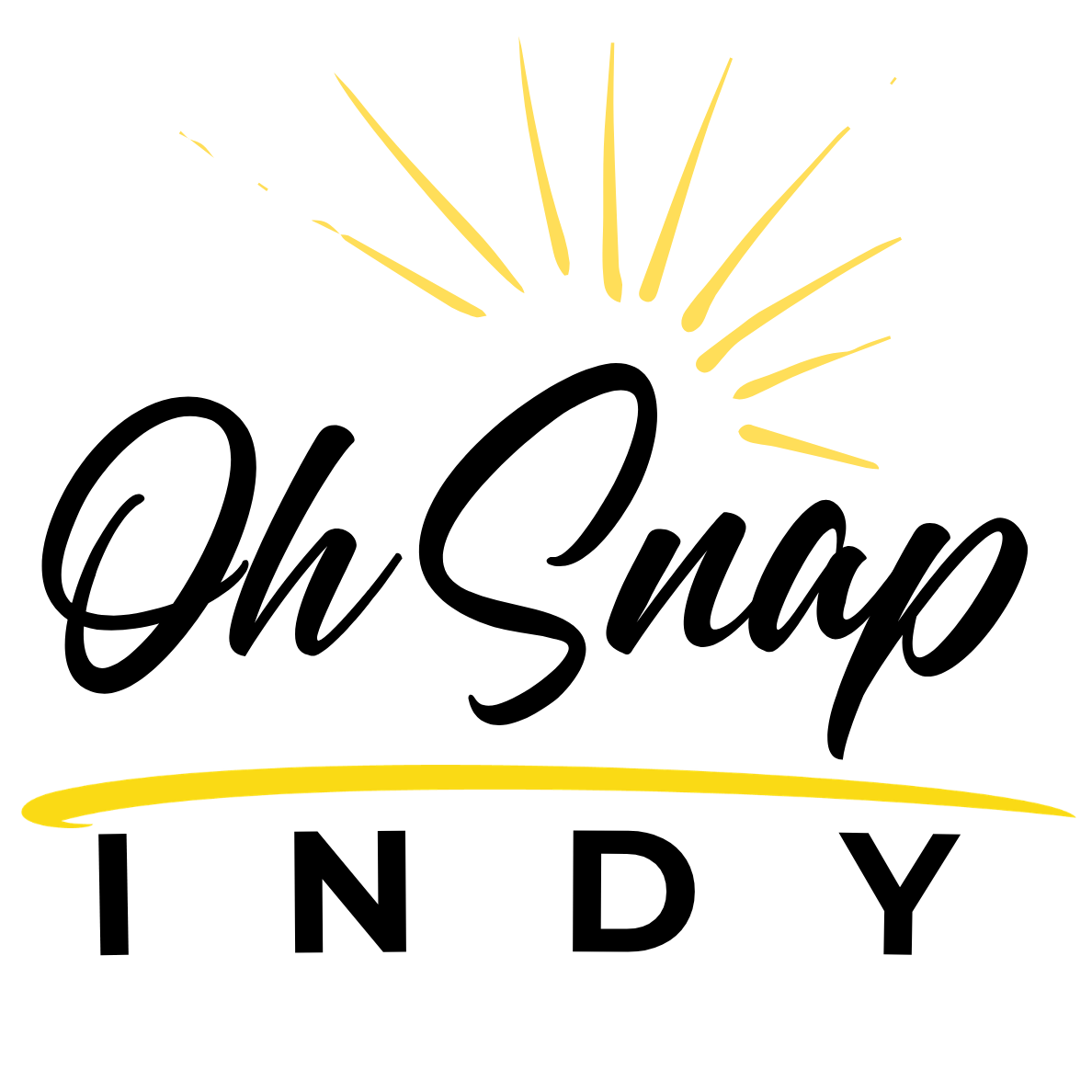 Oh Snap Indy logo with black script, yellow sunburst, and yellow line over bold black letters