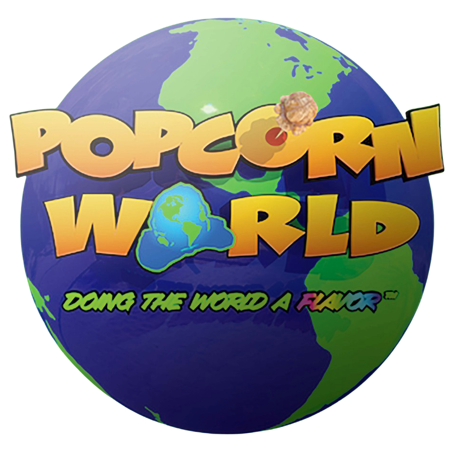 Popcorn World logo on a colorful globe with the slogan “Doing the world a flavor”