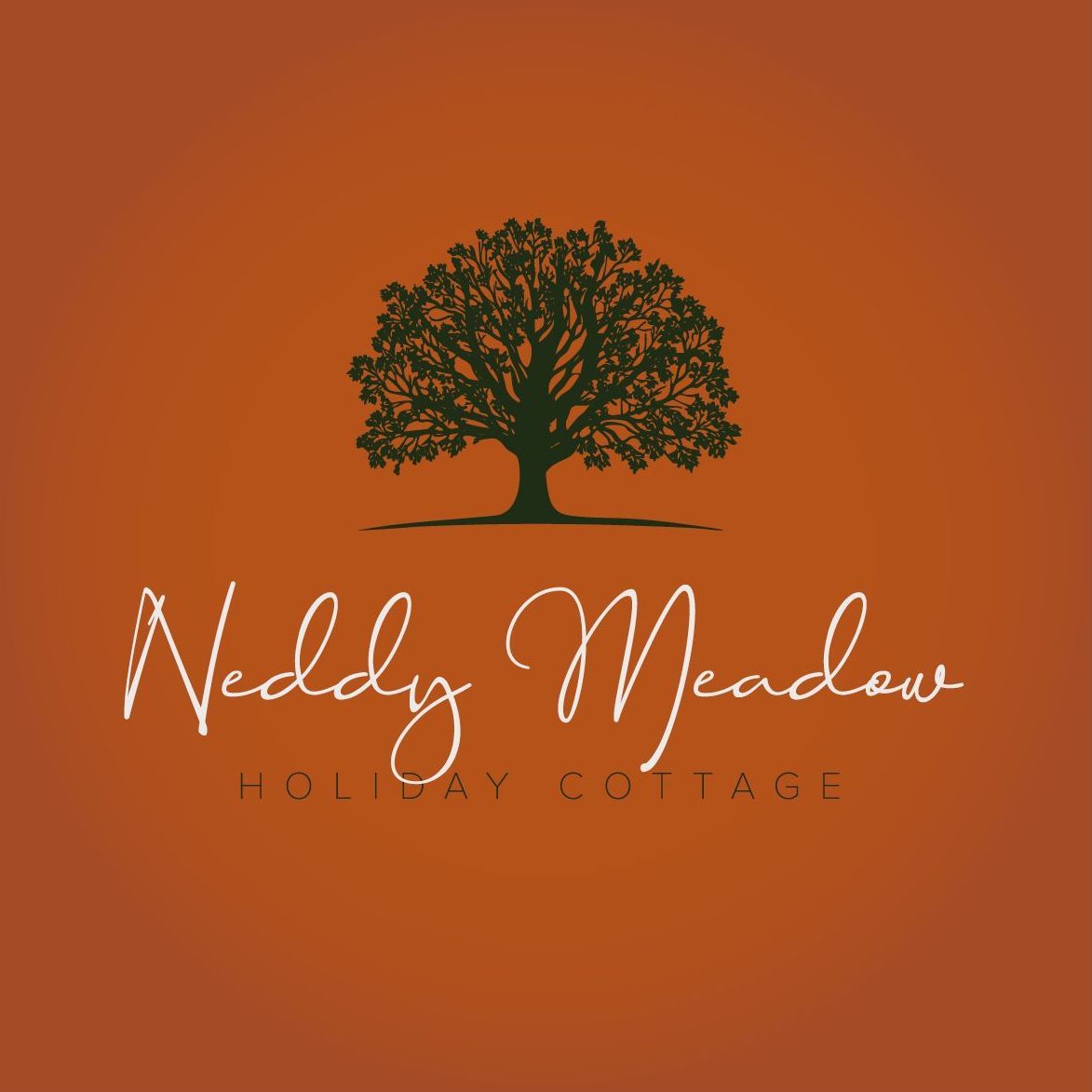 Neddy Meadow Holiday Cottage logo with a tree silhouette on an orange background