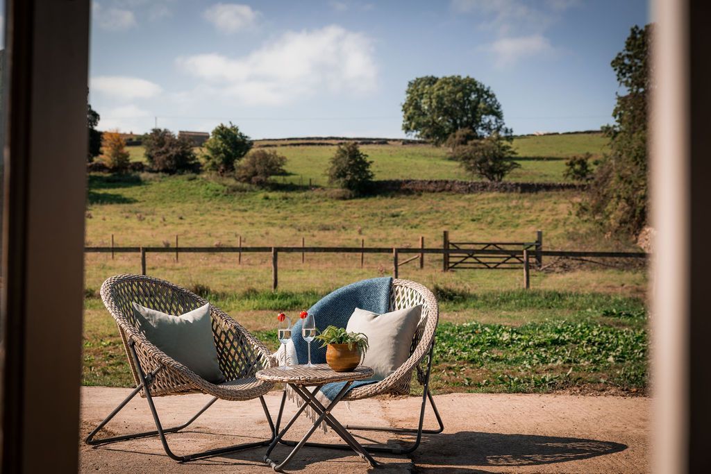 Two woven chairs and a small table with flowers overlook a sunny field and trees.