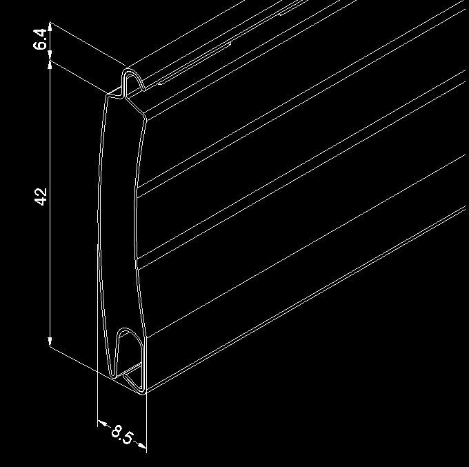 Black-and-white technical drawing of a curved panel with dimensions marked 64, 42, and 8.5.