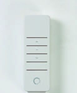 White wall-mounted doorbell or intercom button with five horizontal black lines and a round button below