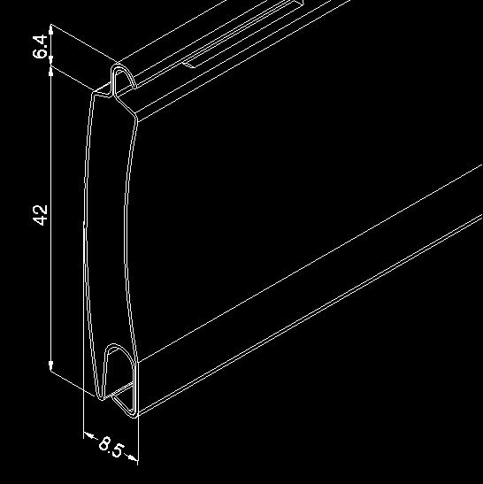 Black technical drawing of a curved rectangular part with dimensions labeled 6.4, 42, and 8.5.