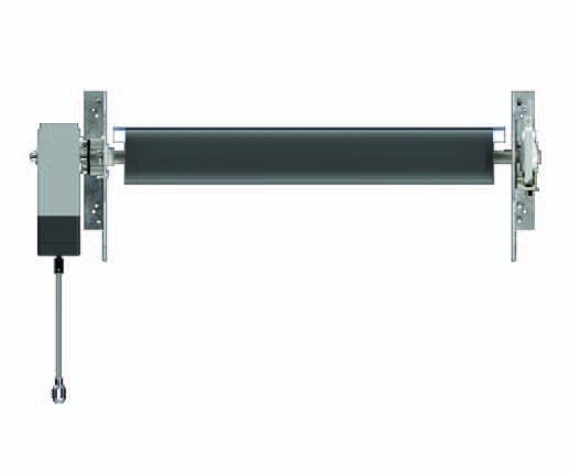 Linear actuator with black cylinder, mounting brackets, and hanging control pendant on white background