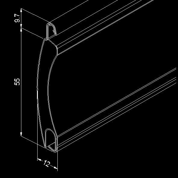 Technical drawing of a curved metal trim profile with dimensions marked in millimeters.