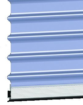 Blue corrugated metal shutter with a white bottom trim against a plain background