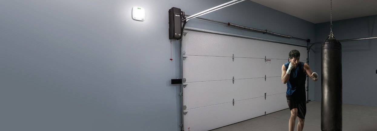 Closed metal garage door behind a green hedge and paved walkway