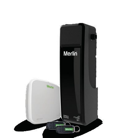 Merlin assistive device set: black tower, white unit, and small headset on a white background