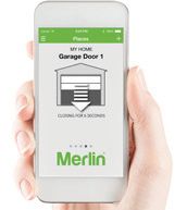 Smartphone showing Merlin garage door control app with a garage door status icon and green header.