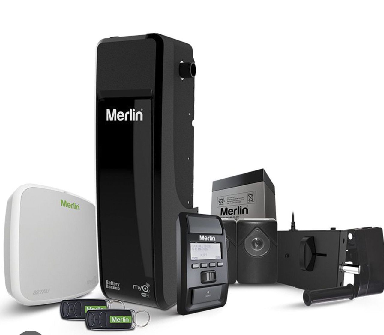 Merlin branding on several black and white electronic devices and accessories, arranged on a white background