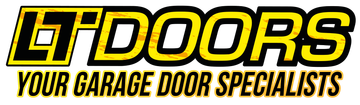 LT Doors — Home Logo for LT Doors, a garage door specialist company. Black text with yellow outline. Includes tagline.