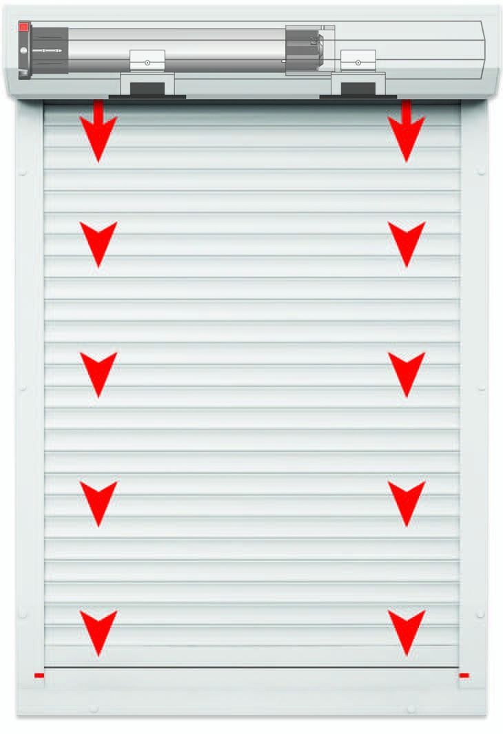 White roller blind with red arrows showing where to pull down evenly to close it