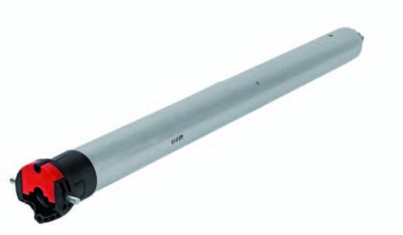 Long gray cylindrical tube with a black-and-red end cap on a white background