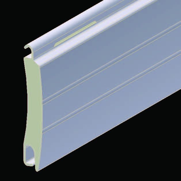 Metallic silver garage door track with a curved top section on a black background
