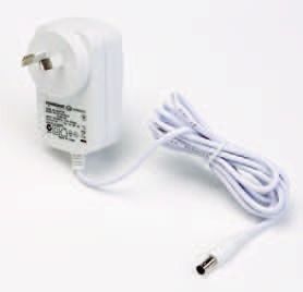 White wall power adapter with two-prong plug and attached cable on a plain background