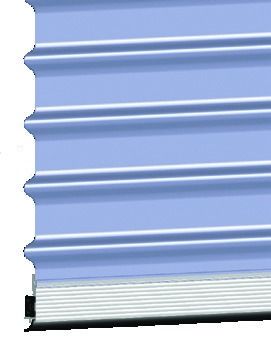 Light blue pleated window blind with white bottom rail and black pull cord