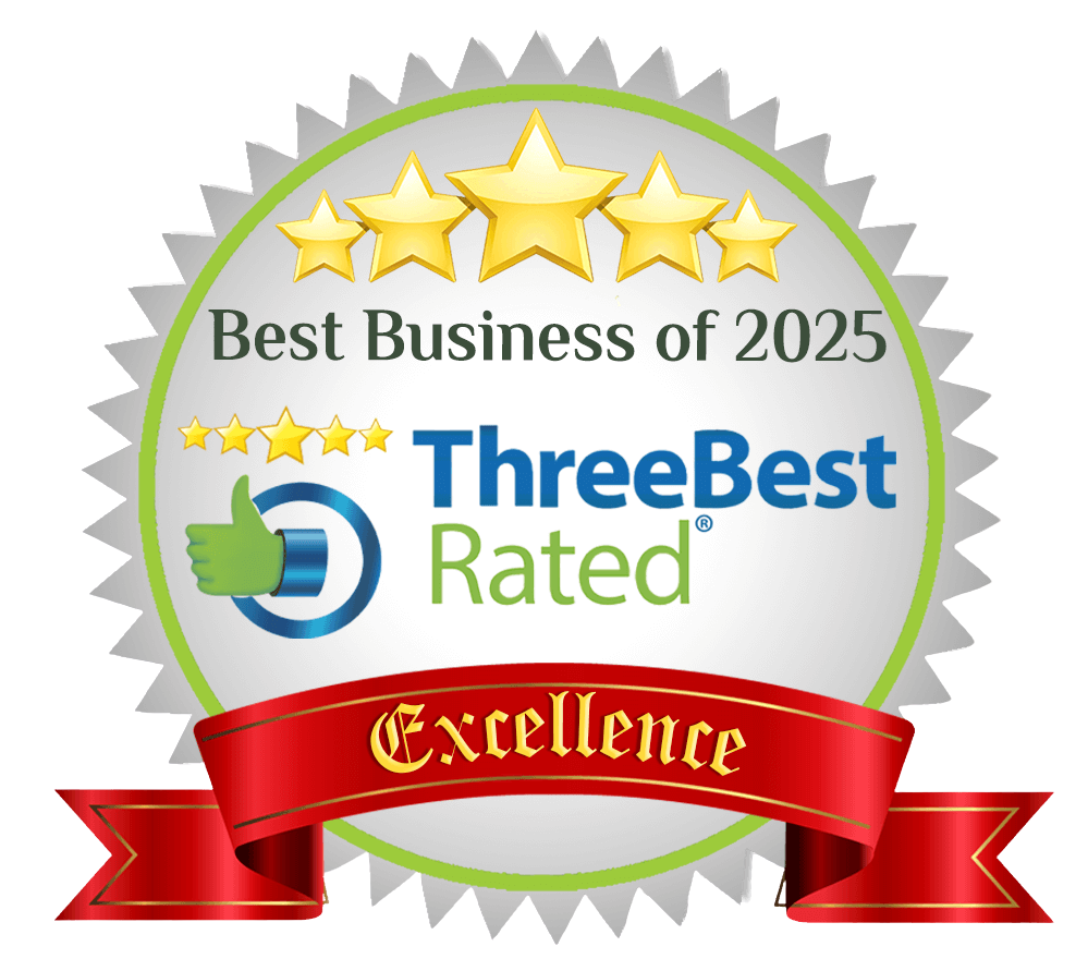 ThreeBest Rated “Best Business of 2025” award badge with gold stars and red “Excellence” ribbon