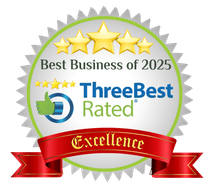 ThreeBest Rated “Best Business of 2025” award badge with gold stars and red “Excellence” ribbon
