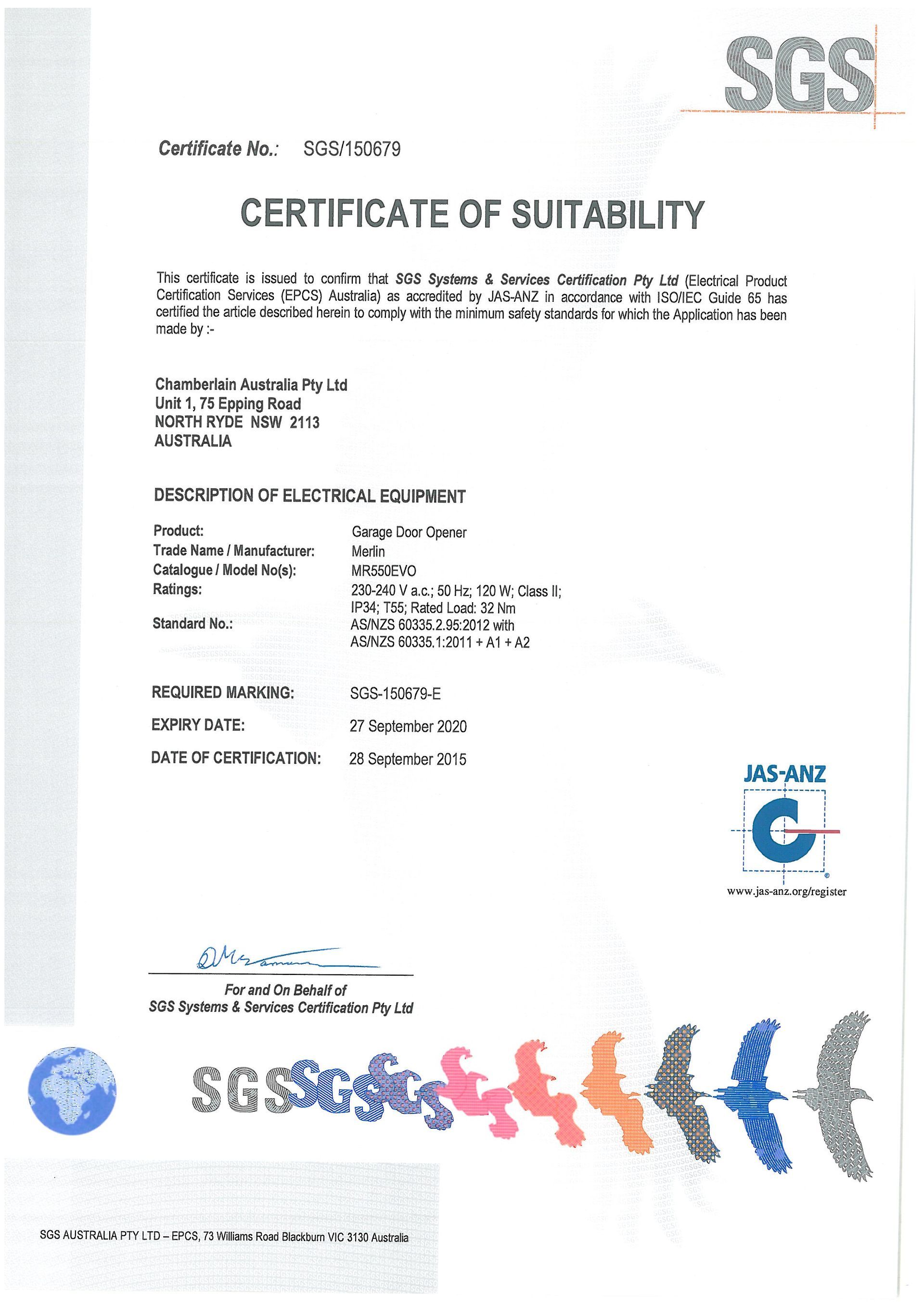 SGS Certificate of Suitability document with official stamps and signatures on a white page