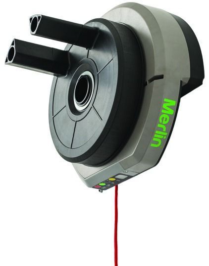 3D-rendered gray and black wall-mounted device with two front nozzles and a red cord, labeled “Merlin”