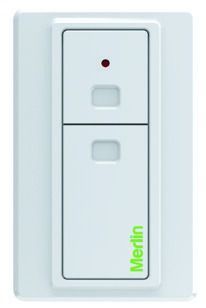 White Merlin light switch with two buttons and a small red indicator light on a wall panel.