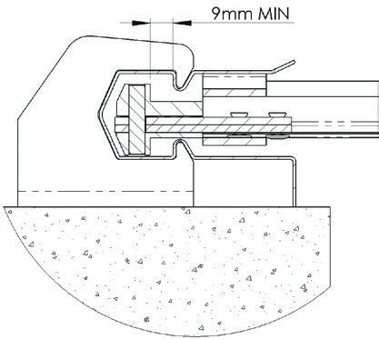 Technical cross-section of a metal connector on a base, labeled 9 mm minimum clearance.