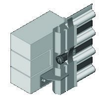 3D rendering of a gray mechanical bracket clamped to horizontal pipes or rails