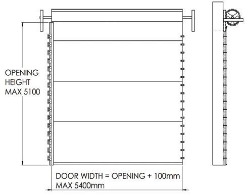 Technical door opening diagram with height and width measurements, showing a side view and hardware detail.