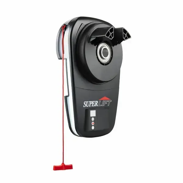 Black wall-mounted retractable dog leash with red pull cord and Super Feedy logo