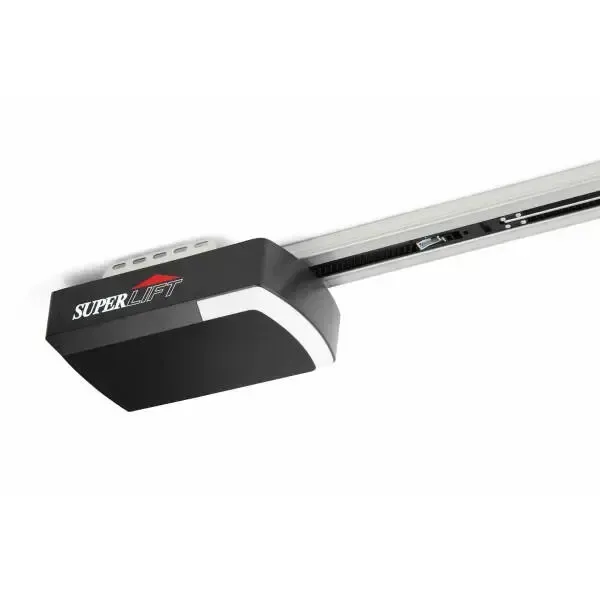 Black and silver garage door opener motor unit on a metal rail, labeled “SUPER”