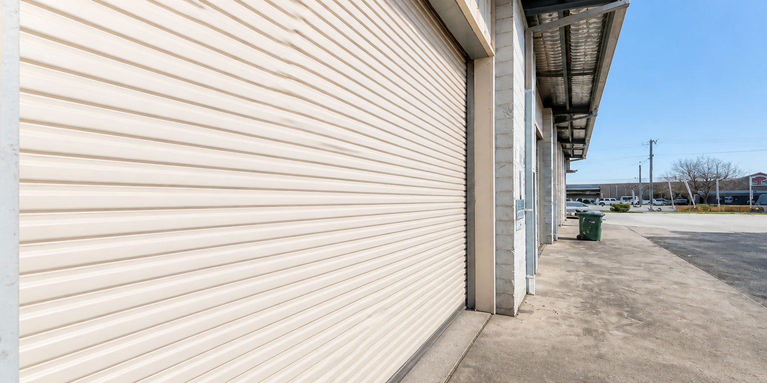 Closed metal garage door behind a green hedge and paved walkway