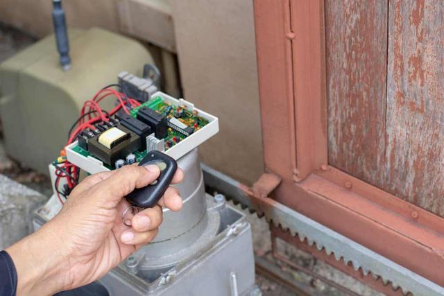 Hand holding a remote to control an open electrical control box mounted on machinery