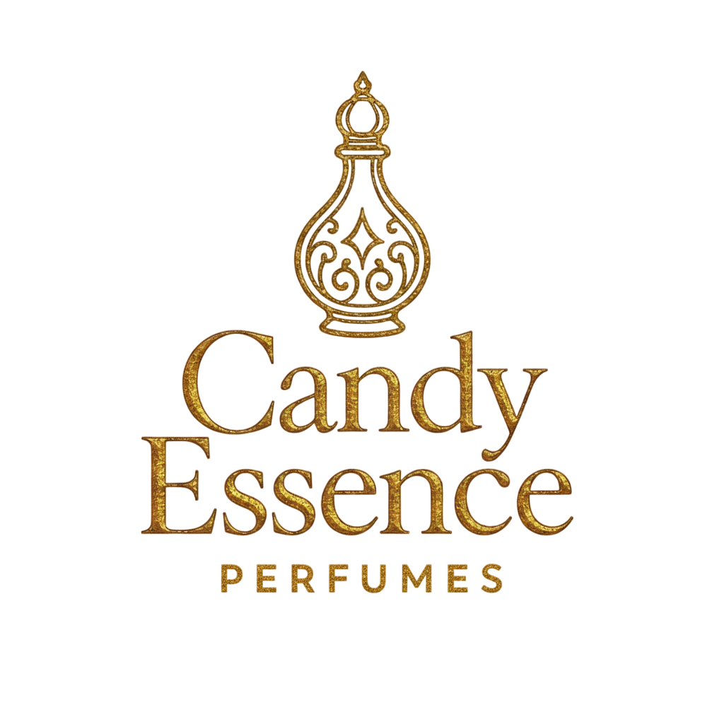 Logotipo dorado de Candy Essence Perfumes con un frasco de perfume decorativo sobre el texto.