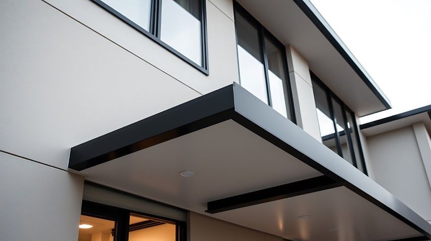Minimalist home featuring black awning and glass