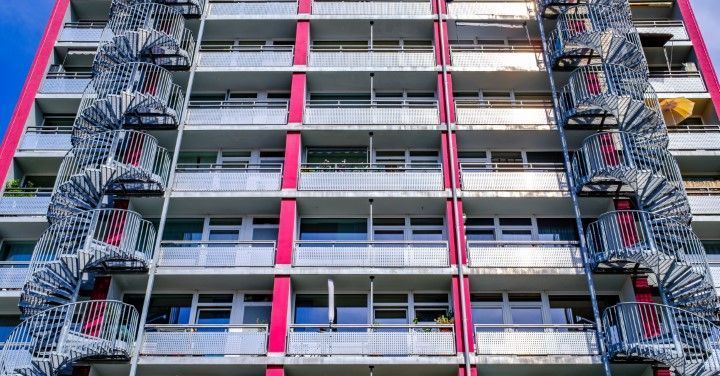 High-rise building with a spiral emergency staircase