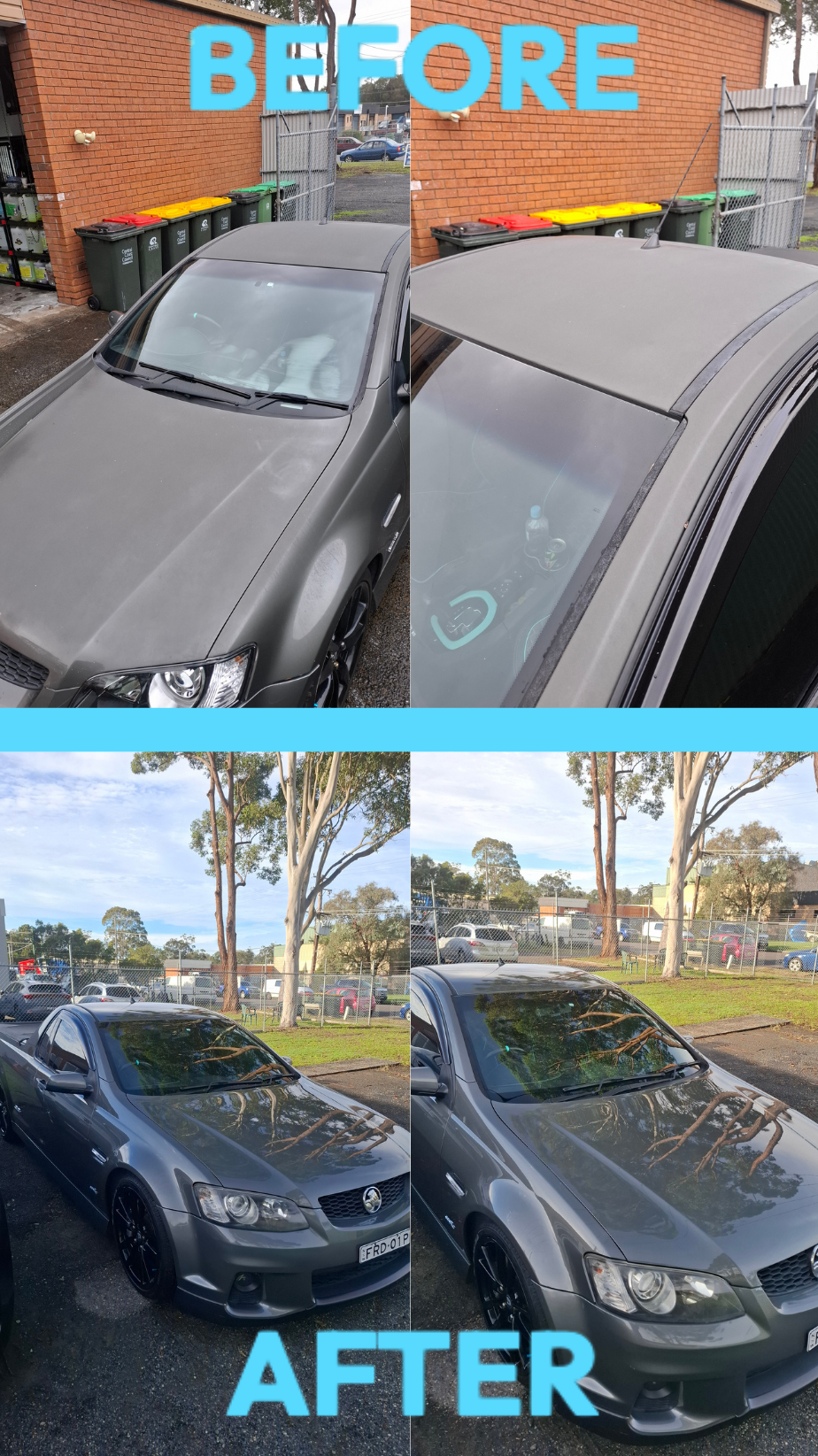Before-and-after Of a Black Car With Cleaned, Glossy Hood and Windshield in a Parking Lot — Ocean Glow Car Detailing in Gorokan, NSW
