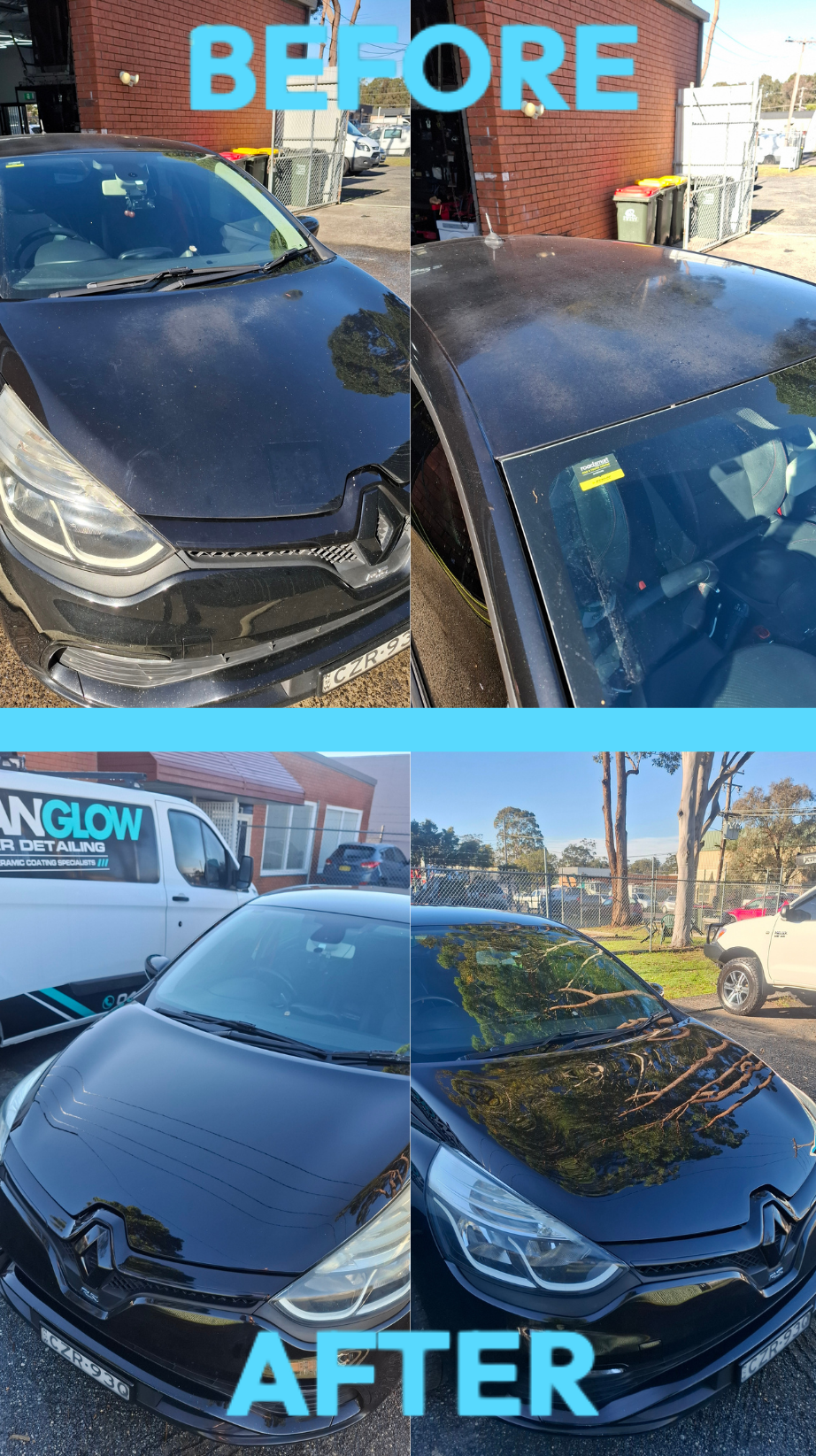 Car Hood Detailing Before and After: Dirty Black Hood Cleaned and Glossy — Ocean Glow Car Detailing in Gorokan, NSW