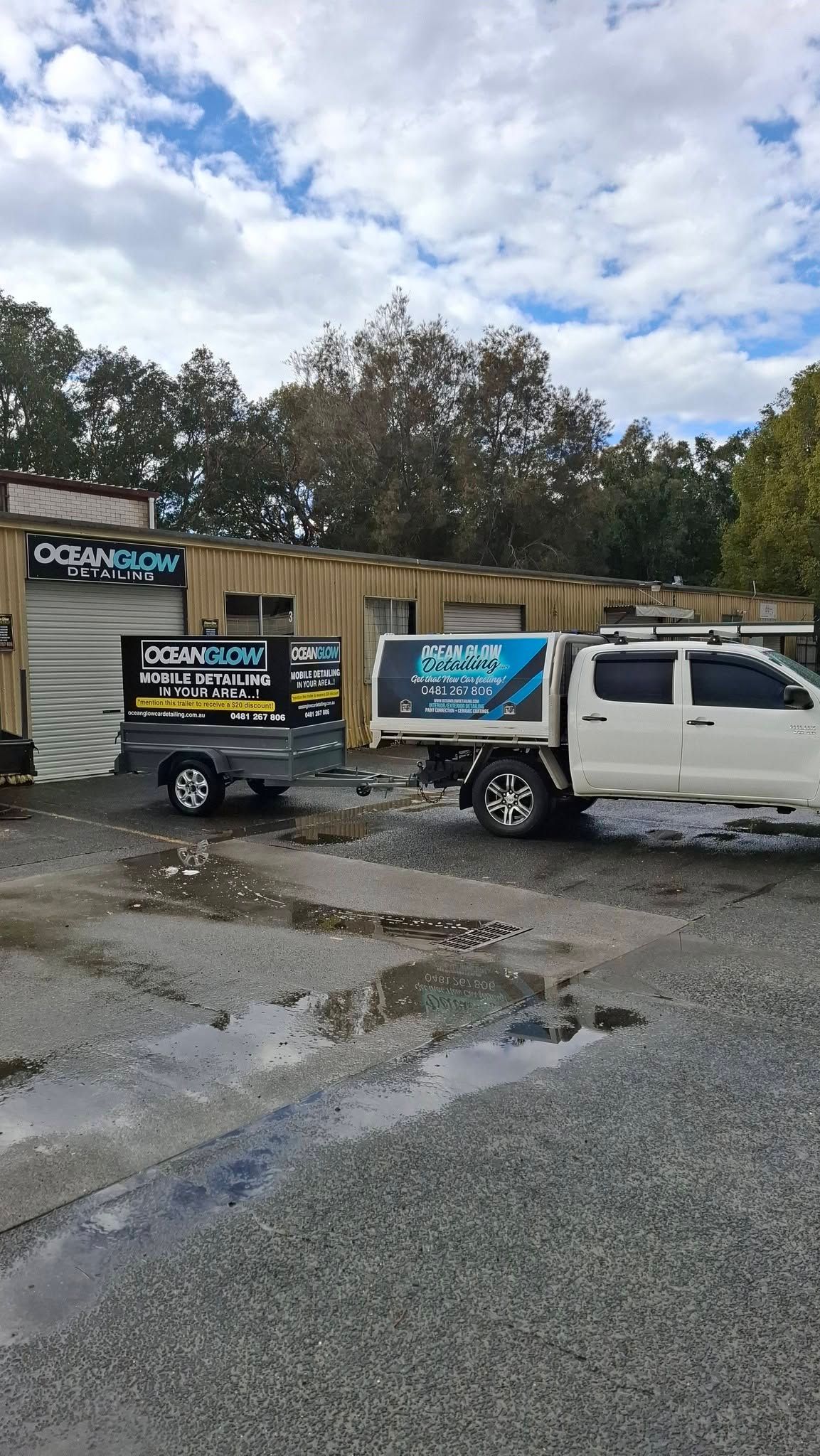 White Pickup Truck Towing a Trailer — Ocean Glow Mobile Detailing in Berkeley Vale, NSW