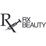 A logo for rx beauty with a syringe in the middle