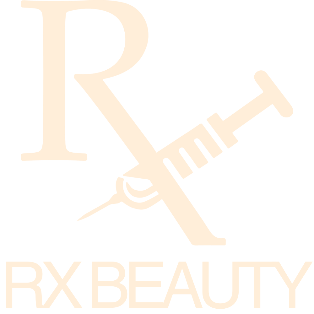 A logo for rx beauty with a syringe in the middle