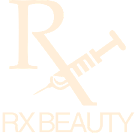 A logo for rx beauty with a syringe in the middle