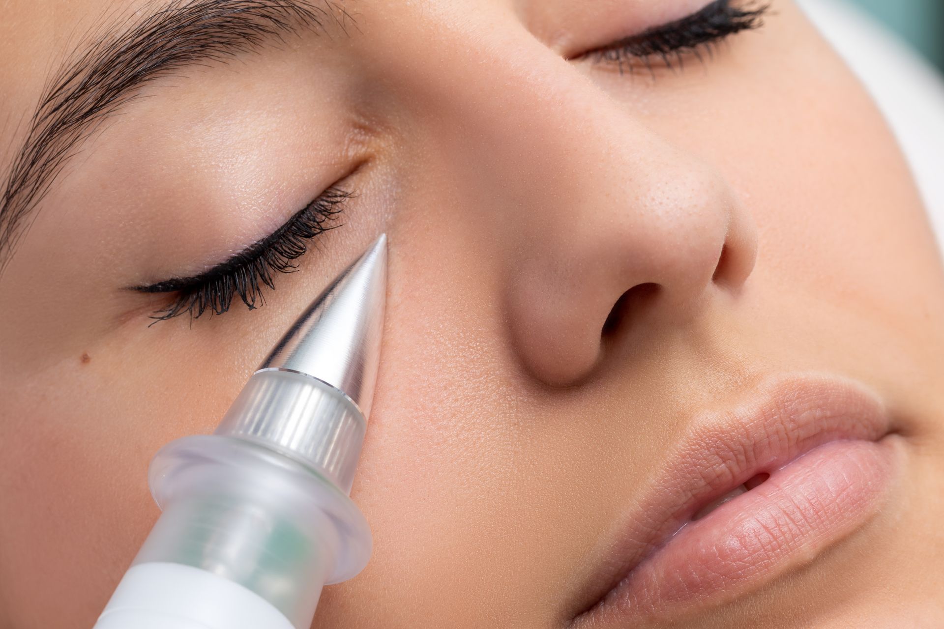 A woman is getting a tattoo on her eye with a machine.