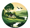Circular illustration of a lakeside house at sunset with trees, hills, and birds in a green landscape