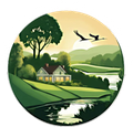 Circular illustration of a lakeside house at sunset with trees, hills, and birds in a green landscape